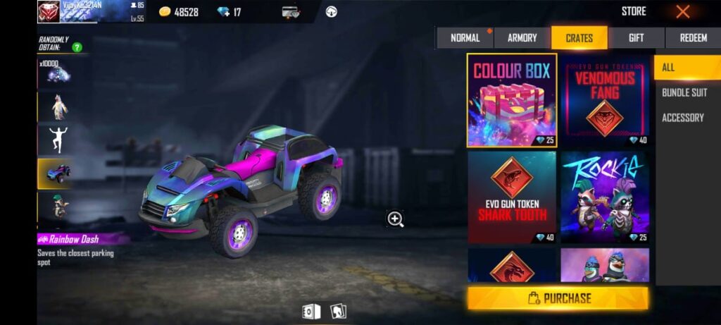 NEW COLOR BOX CREAT IN HOLI OFFER GARENA FREE FIRE EMOTES SKIN AND OTHER REWORD