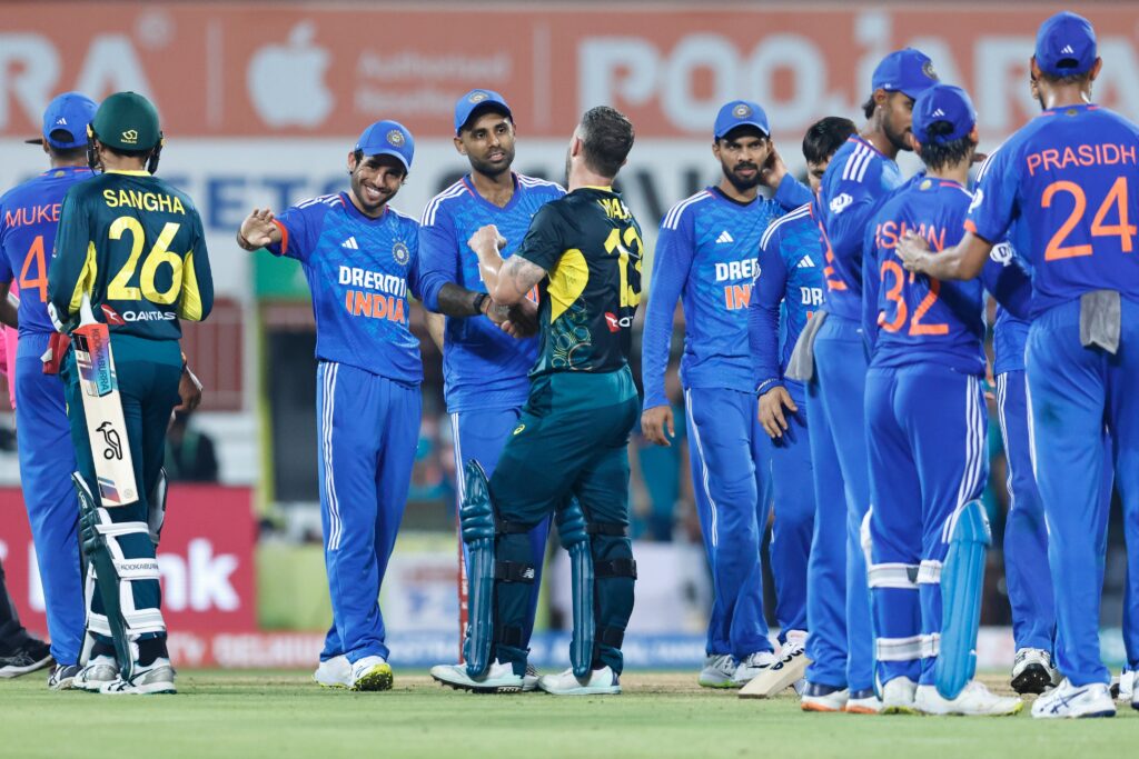 Indian players celebrate their team's win over Australia during game one of the 2nd T20 International Series between India vs. Australia